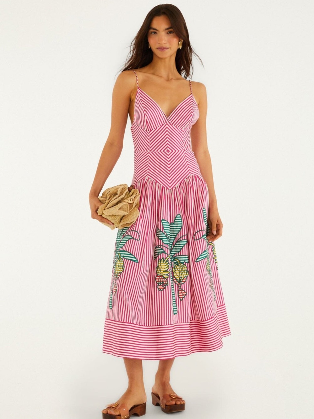 NWT FARM RIO Palm Tree Striped Midi Dress